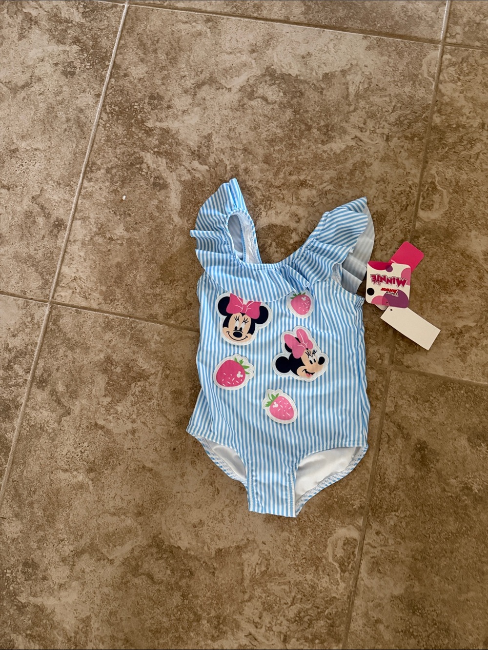 Disney Girls Light Blue White Striped Minnie Mouse Strawberry One-Piece Swim